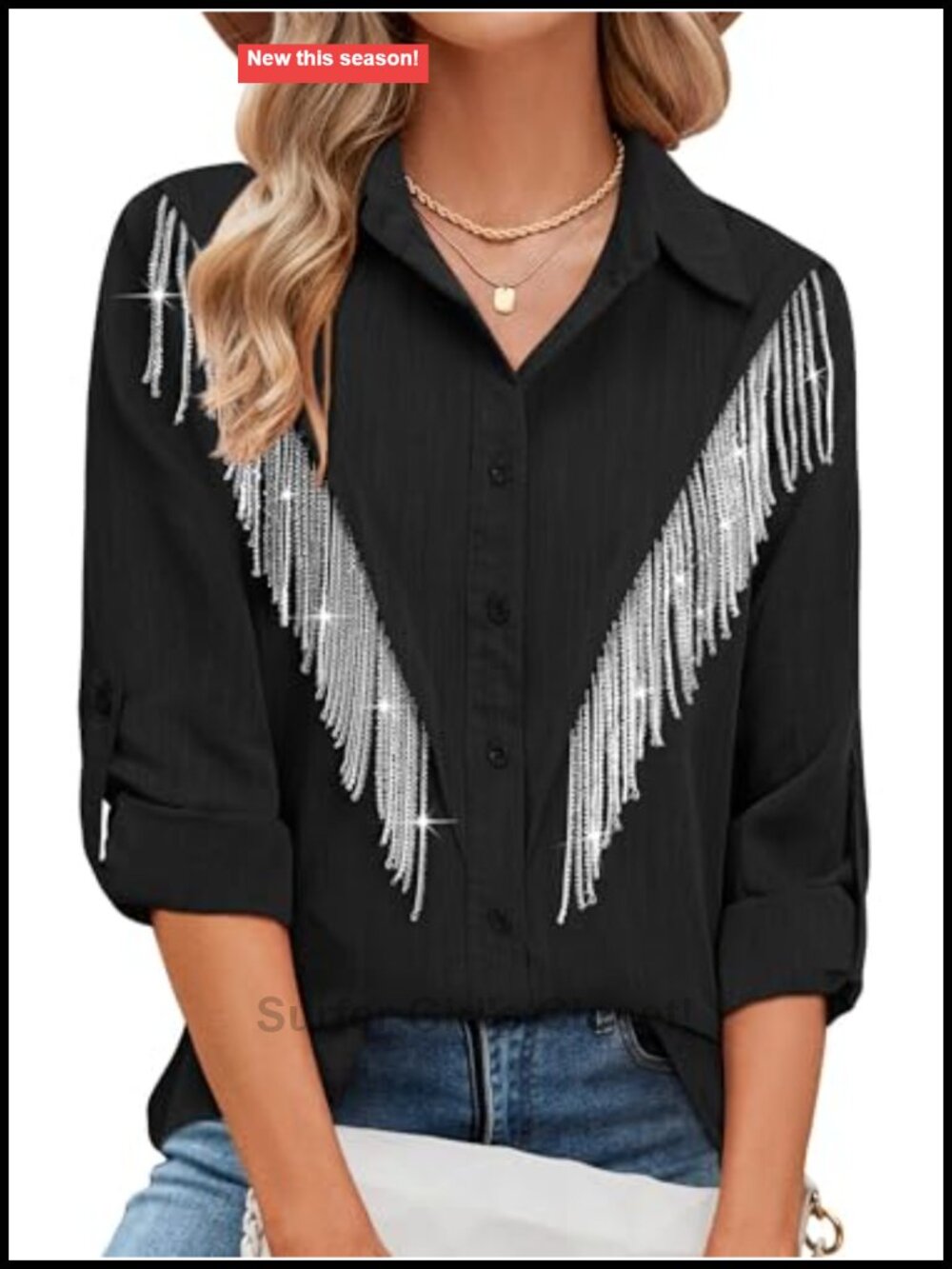 Western Cowgirl Rhinestone Fringe Button Down Shirt 3/4 Sleeve Concert Top